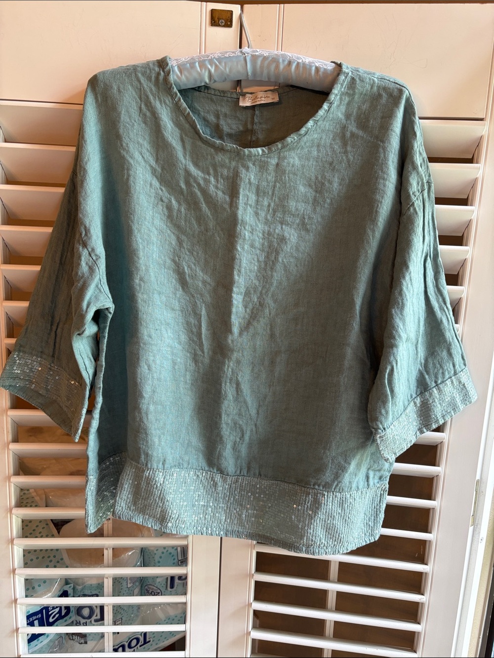 Light Teal Linen Round-Neck Blouse
